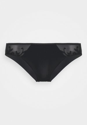 Zwarte panties van soepel materiaal met een doorschijnende kanten rand, voorzien van intrigerende bloemenborduursels langs de randen en een eenvoudige, moderne snit.