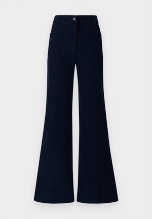 Navy blue flared jeans with a mid-rise waist, featuring two back pockets and a button closure. Made of denim with a smooth texture.