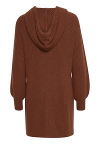Felpa marrone a coste con una texture morbida, dotata di cappuccio e maniche lunghe leggermente a sbuffo, progettata per comfort e calore.