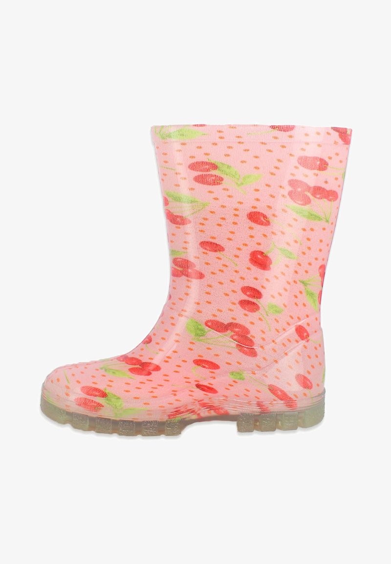 Botte de pluie en caoutchouc rose avec un imprimé de cerises rouges et de feuilles vertes, légèrement texturée, et une semelle translucide avec un motif à pois.