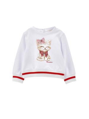 Sweatshirt blanc avec des poignets à rayures rouges, arborant un chat cartoon imprimé portant un nœud papillon à pois et un nœud sur la tête.