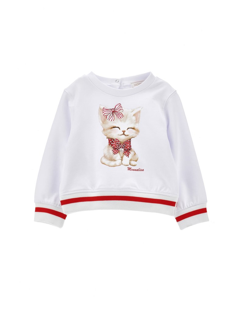 Sudadera blanca con puños de rayas rojas que presenta un gato de dibujos animados impreso con un pajarita de lunares y un lazo en la cabeza.