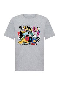 Gray cotton T-shirt featuring a colorful cartoon graphic of characters and text, with bold patterns and accents in black, red, and blue.