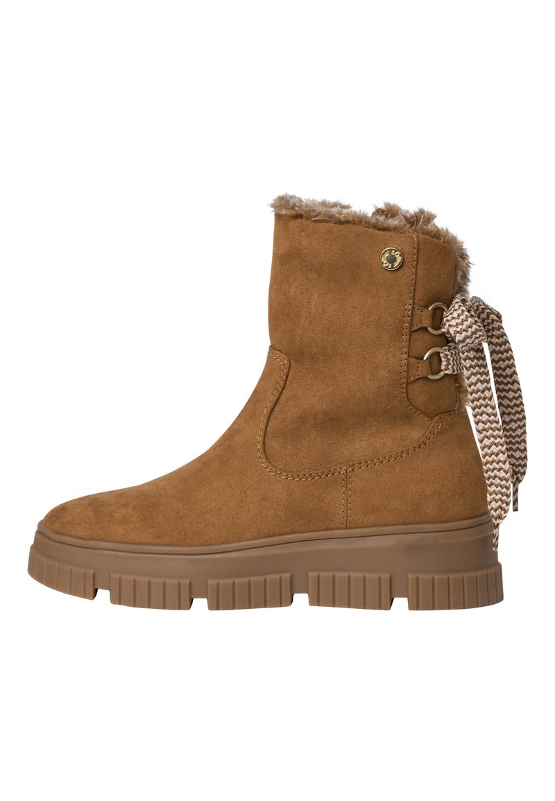Braunes Wildleder-Stiefelette mit einem Kunstfellfutter, dicke Gummisohle, dekorativen Riemen mit einem Zickzackmuster und einem seitlichen Logoakzent.