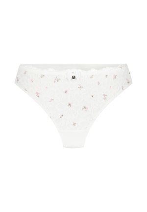 Weiße Spitzen-Damenunterwäsche mit kleinen rosa Blumenmustern und einem gezackten Rand in der vorderen Mitte.