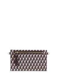 Geometric-patterned wallet in shades of beige, grey, and dark brown. Features a zipper pocket and gold hardware detail. Smooth texture.