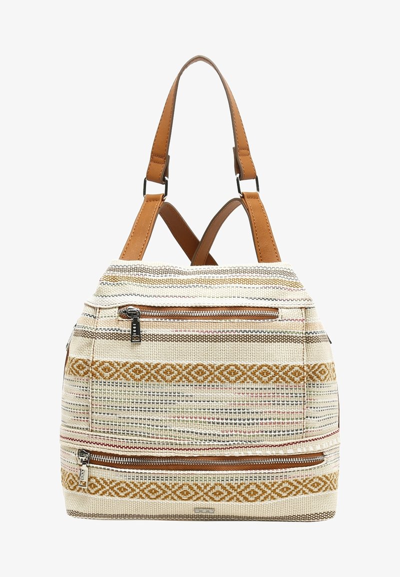Sac à dos en tissu tissé beige et marron avec motifs géométriques, deux poches avant zippées et bretelles en cuir marron réglables.