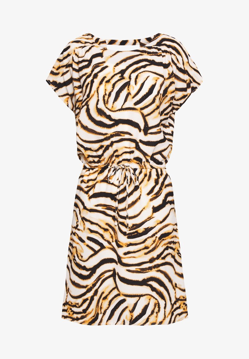 Robe à manches courtes avec imprimé rayures de tigre, taille élastique avec cordon et coupe décontractée.
