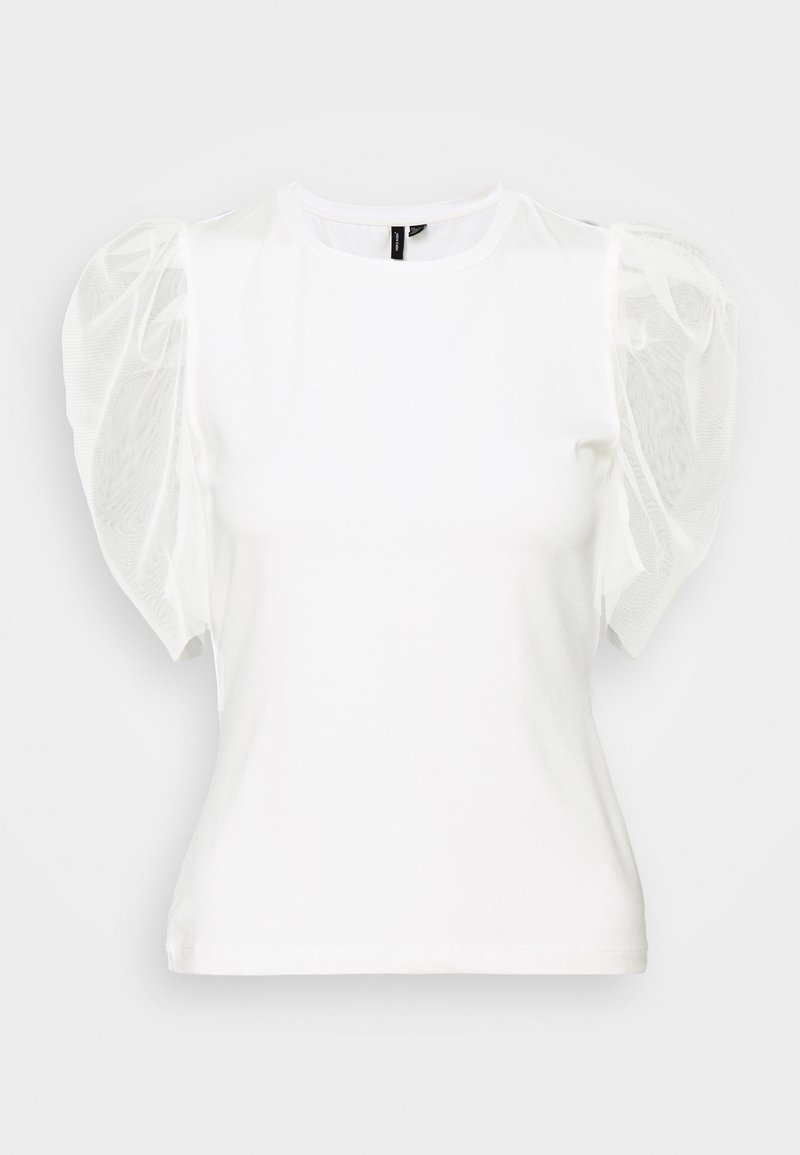 T-shirt blanc à encolure ronde, avec des manches bouffantes transparentes et texturées. Tissu lisse avec une coupe ajustée et sans embellissements supplémentaires.