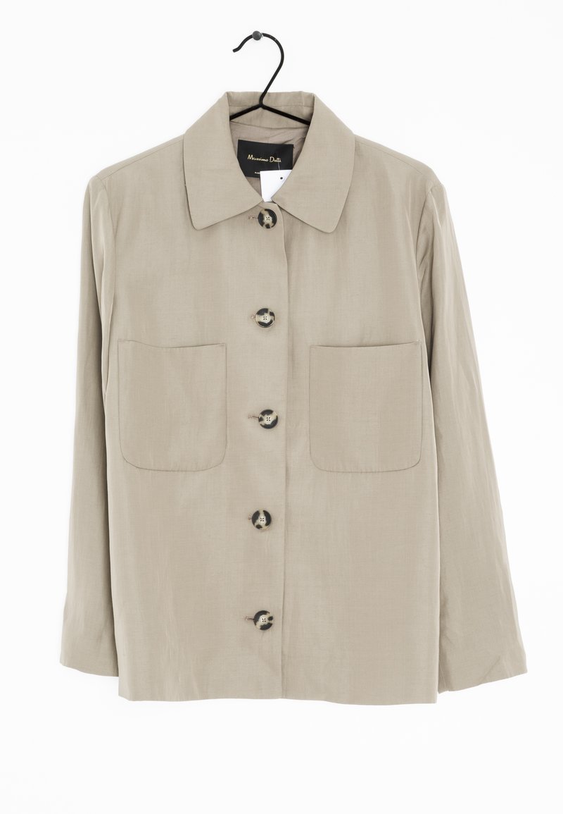 Beige button-up shirt with a pointed collar, two front pockets, and large buttons. Made from smooth fabric with a relaxed fit.