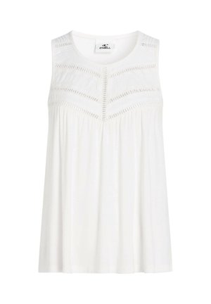 Bílý top bez rukávů s kulatým výstřihem, vyšívaným zdobením na prsou a volným áčkovým střihem. Měkká, lehká látka.