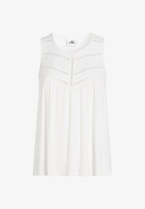 Bílý top bez rukávů s kulatým výstřihem, vyšívaným zdobením na prsou a volným áčkovým střihem. Měkká, lehká látka.