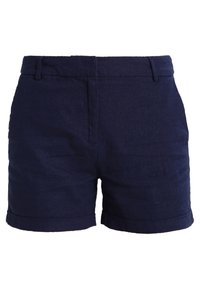 Mörkblå shorts i ett mjukt material, med vikta kant, bälteshällor och framfickor, i en klassisk skräddarsydd design.