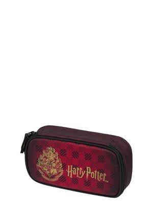 Red rectangular pencil case with a zipper, featuring a gold Harry Potter logo and pattern of triangles and stripes in black. Textured surface.