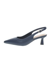 Sandaia con tacco a blocco basso di colore blu navy, con punta affusolata e materiale morbido. Presenta una chiusura con fibbia sulla cinturini regolabile.