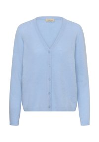 Hele sinine pehme kangast kootud kardigan, millel on V-kaelus, viis nööpi ja soonikkoes varrukaotsad ning väike tikitud detail ees.