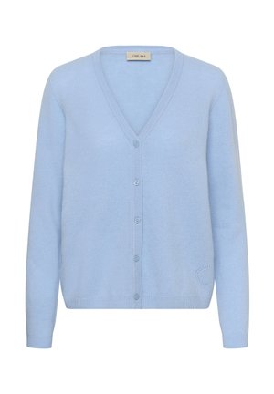 Világoskék kardigán puha anyagból, V-nyakú, öt gombbal és bordázott mandzsettákkal, az elején egy kis hímzett díszítéssel.