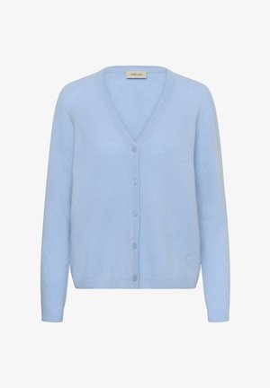Light blue cardigan made of soft fabric, featuring a V-neck, five buttons, and ribbed cuffs, with a small embroidered detail on the front.