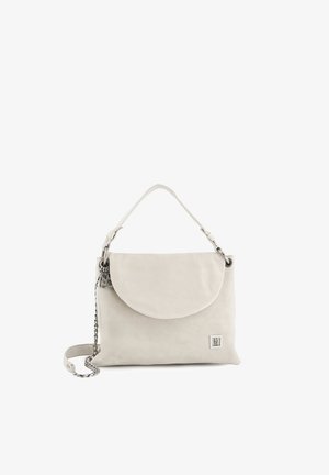 Off-white læderhåndtaske med klaplukning, enkelt topgreb, metal kæderem og lille firkantet logoplaket på nederste front hjørne.