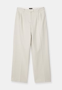 Lichtbeige wijde broek met verticale streepjes, plooien aan de voorkant, riemlussen en een gladde stoftextuur.