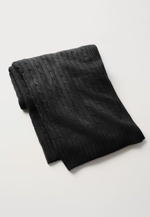Black knitted scarf with a ribbed texture and cable pattern. Soft material, folded neatly for display.