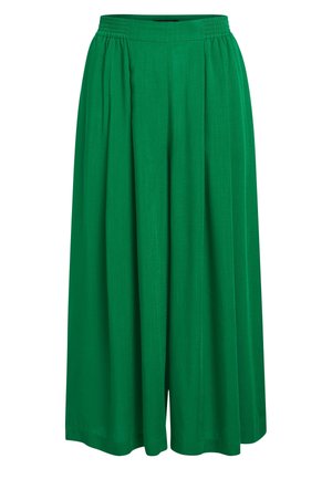 Groene culottes met een wijd uitlopende pijp, gemaakt van lichtgewicht stof met een geplooide taille, voorzien van plooien die volume en elegantie toevoegen.