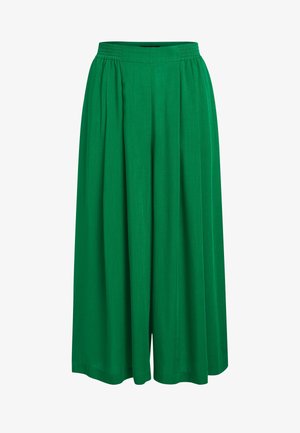 Groene culottes met een wijd uitlopende pijp, gemaakt van lichtgewicht stof met een geplooide taille, voorzien van plooien die volume en elegantie toevoegen.