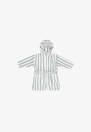 Kapuze Bademantel mit vertikalen grau-weißen Streifen, aus Baumwollmaterial, langen Ärmeln, zwei vorderen Taschen und einem gebundenen Gürtel.