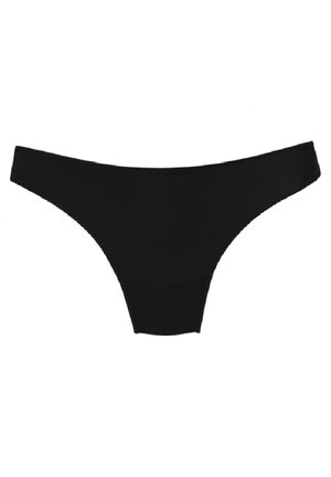 String noir en tissu lisse et extensible. Dispose d'un design minimal avec des côtés échancrés et une finition sans coutures.