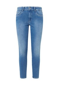 Vaaleansininen farkkutakki slim fit -mallilla, jossa on takataskut, etunappikiinnitys ja vetoketju. Hieman haalistuneet polvet ja lantio.