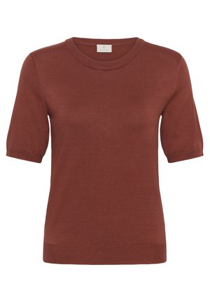Kurzärmeliger, rostfarbener Strickpullover mit geripptem Rundhalsausschnitt, Bündchen und Saum, mit dem Etikett "Kaffe" innen im Kragen.