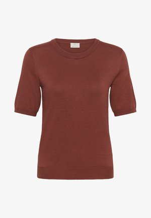 Kurzärmeliger, rostfarbener Strickpullover mit geripptem Rundhalsausschnitt, Bündchen und Saum, mit dem Etikett "Kaffe" innen im Kragen.