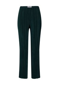 Groene geplooide broek met een elastische tailleband, voorzien van verticale textuur, een rechte pasvorm en zonder zichtbare hardware of accenten.