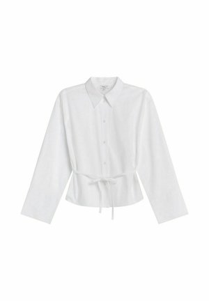 White long-sleeve button-up blouse with pointed collar and waist tie bow, displayed against a plain white background.