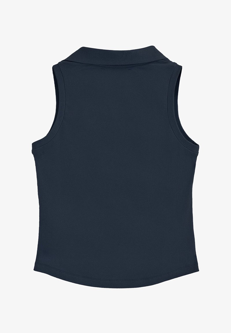 Marinblå ärmlös topp med ribbad textur, med rund halsringning och rundad nederkant, utformad utan ytterligare utsmyckningar.