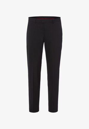 Zwarte slim-fit herensbroek met riemlussen, knoop aan de voorkant, ritsvlieg en zijzakken, afgebeeld tegen een witte achtergrond.
