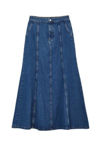 Jupe longue en denim bleu avec boutons à l'avant, poches latérales et détails de coutures verticales, s'évasant légèrement vers l'ourlet.