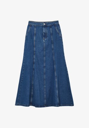 Langer blauer Jeansrock mit Knopfleiste vorne, Seitentaschen und vertikalen Nahtdetails, der leicht zur Saumkante hin ausgestellt ist.