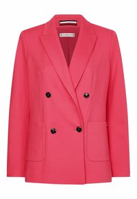 Różowa podwójnie zapięta marynarka wykonana z gładkiego materiału, z dwiema przednimi kieszeniami, klapami i czarnymi guzikami do zapięcia.
