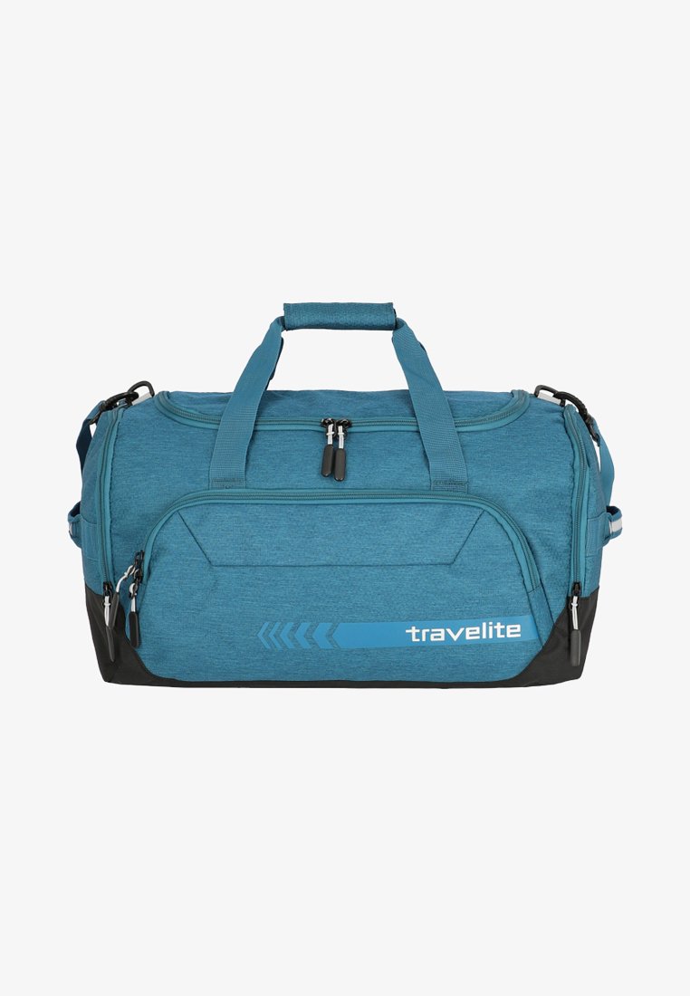 Borsa duffel in tessuto teal con accenti neri, doppie maniglie per il trasporto, tasca frontale con zip e stampa del logo. Presenta una superficie testurizzata e cerniere resistenti.