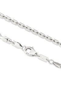 Collana in acciaio inossidabile argentato con maglie rettangolari e chiusura a moschettone su uno sfondo bianco.