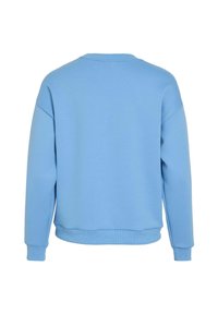 Svijetloplava majica s dugačkim rukavima, okruglim izrezom, rebrastim manšetama i rubom, glatke teksture, minimalističkog dizajna, bez vidljivih logotipa ili uzoraka.