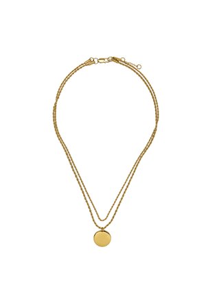 Naszyjnik w złotym odcieniu z dwoma splecionymi łańcuszkami i okrągłą zawieszką z małym kamieniem akcentującym. Elegancki i minimalistyczny design.