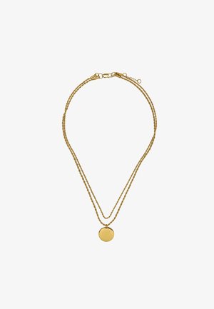 Naszyjnik w złotym odcieniu z dwoma splecionymi łańcuszkami i okrągłą zawieszką z małym kamieniem akcentującym. Elegancki i minimalistyczny design.