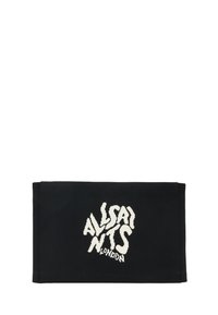 Svart stickad påse med vitt stiliserat "ALLSAINTS"-logotyp. Rektangulär form, texturerad yta och ingen synlig hårdvara eller stängning.