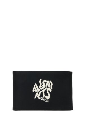 Pochette nera in maglia con logo stilizzato "ALLSAINTS" bianco. Forma rettangolare, superficie testurizzata e senza hardware o fissaggi visibili.