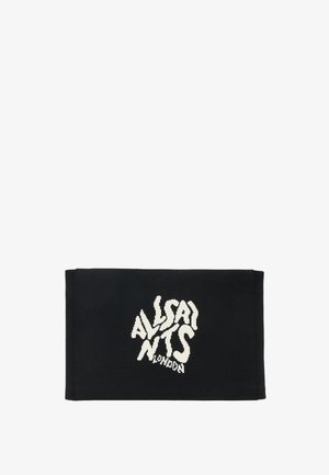 Pochette nera in maglia con logo stilizzato "ALLSAINTS" bianco. Forma rettangolare, superficie testurizzata e senza hardware o fissaggi visibili.