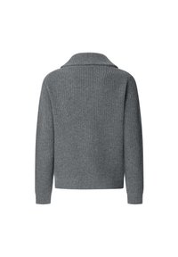 Cardigan gris de punto con textura acanalada, mangas largas y cuello doblado. La vista trasera muestra un corte recto y un diseño discreto.