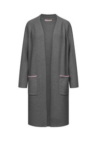 Grijze cardigan met ribbelstructuur, open voorkant, lange mouwen en twee zakken met roze rand. Eenvoudig ontwerp, veelzijdige lengte.