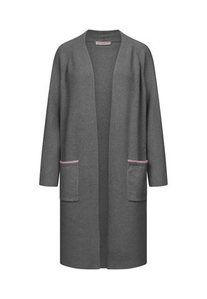 Grijze cardigan met ribbelstructuur, open voorkant, lange mouwen en twee zakken met roze rand. Eenvoudig ontwerp, veelzijdige lengte.